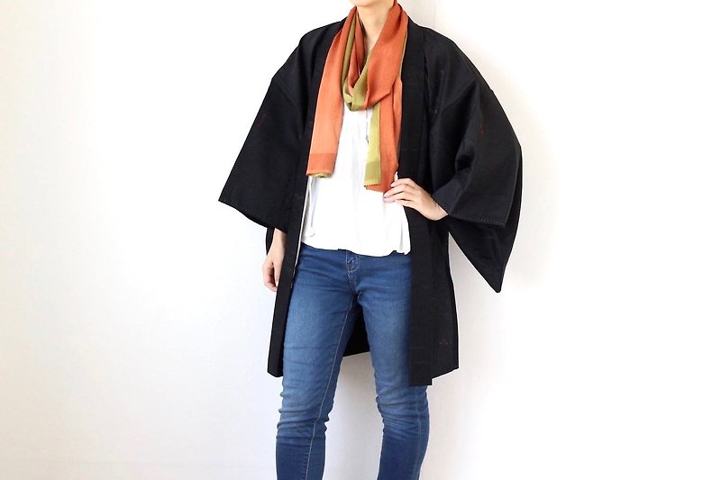 black LANDSCAPE kimono, kimono top, black kimono, Haori /2034 - เสื้อแจ็คเก็ต - เส้นใยสังเคราะห์ สีดำ