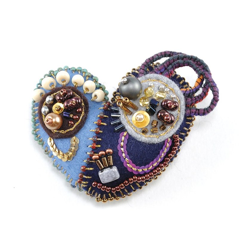 Heart brooch 2 - เข็มกลัด - ขนแกะ สีน้ำเงิน
