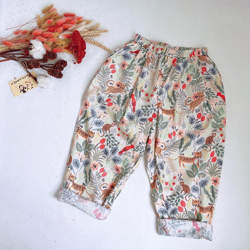Pleated Wide Pants - Colorful Jungle - กางเกง - ผ้าฝ้าย/ผ้าลินิน สีเขียว