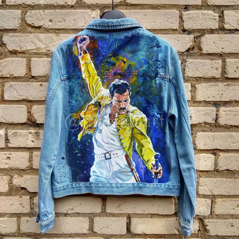 Painted Denim Jacket Handmade Custom jacket Freddie Mercury Rock Band Queen Gift - 外套/大衣 - 棉．麻 多色