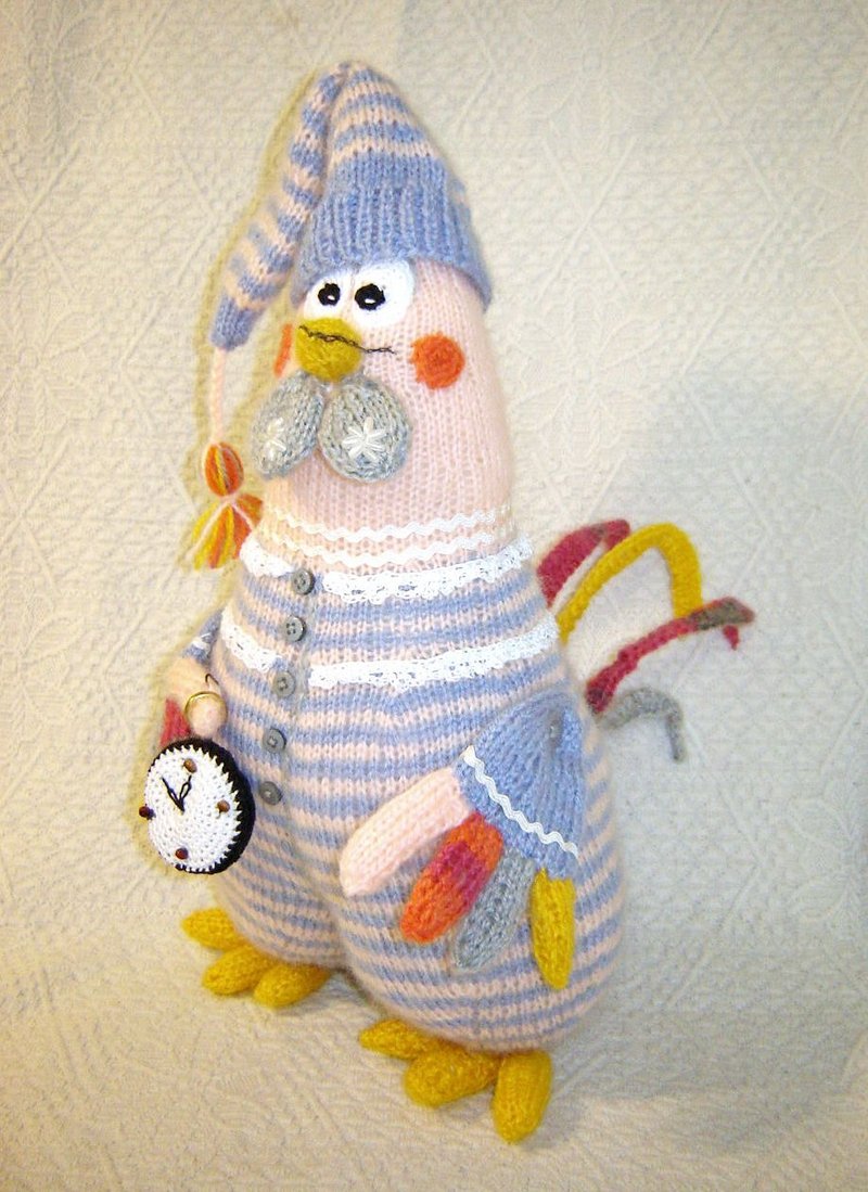 Toy Knitting Patterns Christmas- Knit Rooster with an alarm clock christmas gift - Logo 設計/圖案設計 - 其他材質 