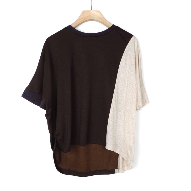 カフェオレ ウエストタックデザイン配色T #U1101 - Tシャツ - コットン・麻 ブラウン