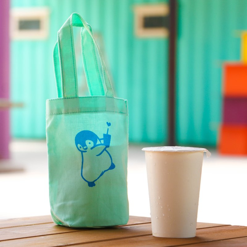 Thirsty small penguin handmade silk canvas bag (Tiffany Green) - Beverage Holders & Bags - Cotton & Hemp Green