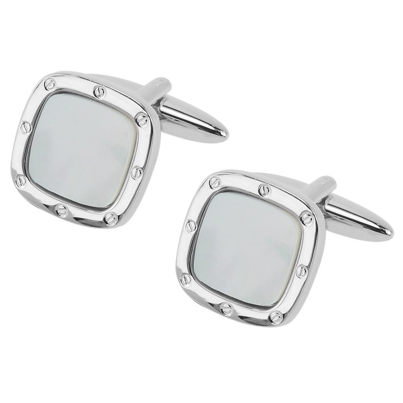 Mother of Pearl Round Screw Cufflinks - Cuff Links - Other Metals White