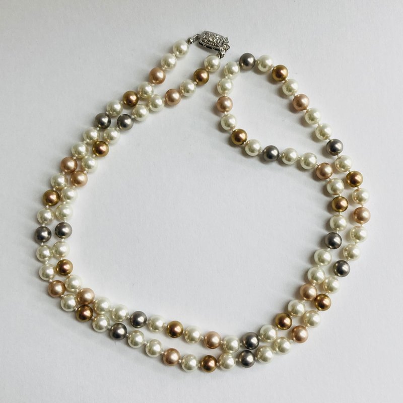 Glass mix pearl 2-way all-knot long necklace/8mm approx. 90cm/multi-color mix/made in Japan - สร้อยคอ - แก้ว ขาว