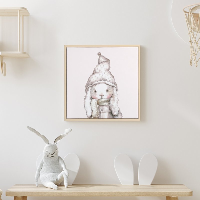 帽子をかぶったバニー-冬のかわいい手描きのウサギの絵/部屋の装飾/リビングルームの装飾/癒しの絵 - ポスター・絵 - コットン・麻 グリーン