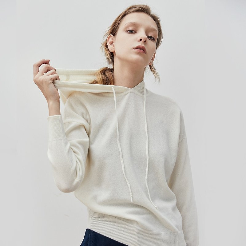 Age-receiving white skin delicate 100% cashmere hooded sweater Cashmere hooded university T sweater - สเวตเตอร์ผู้หญิง - ขนแกะ ขาว