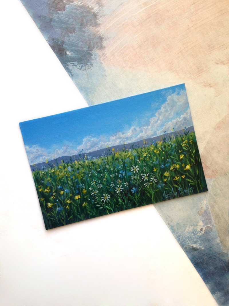 The flower field landscape. Small landscape. Flower painting. Blooming field. - 海報/掛畫/掛布 - 其他金屬 綠色