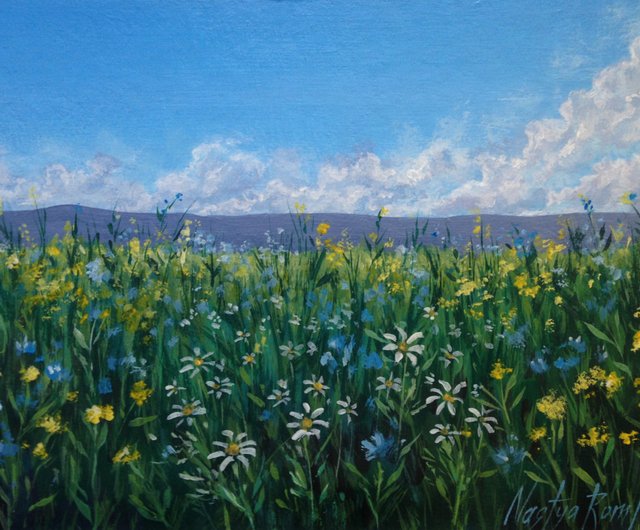 花畑の風景。小さな風景。花の絵。咲く畑。 - ショップ
