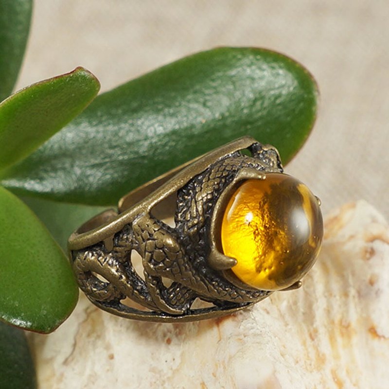 Honey Yellow Glass Bronze Snake Unisex Adjustable Free Size Ring Jewelry Gift - 戒指 - 玻璃 黃色