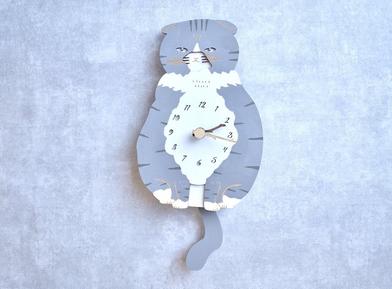 スコティッシュ・フォールド・グレーの時計 木製 振り子時計 掛け時計 - 時鐘/鬧鐘 - 木頭 灰色