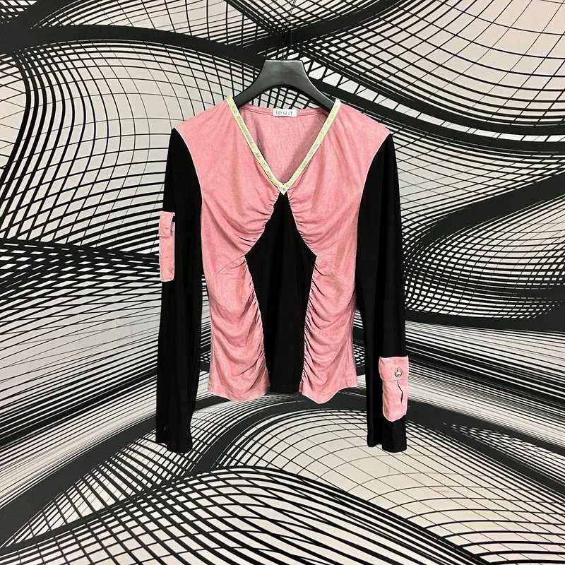 Second-hand LEAD pink and black stitched suede wrinkled sequin fitted long-sleeved top G223 - เสื้อผู้หญิง - เส้นใยสังเคราะห์ สึชมพู