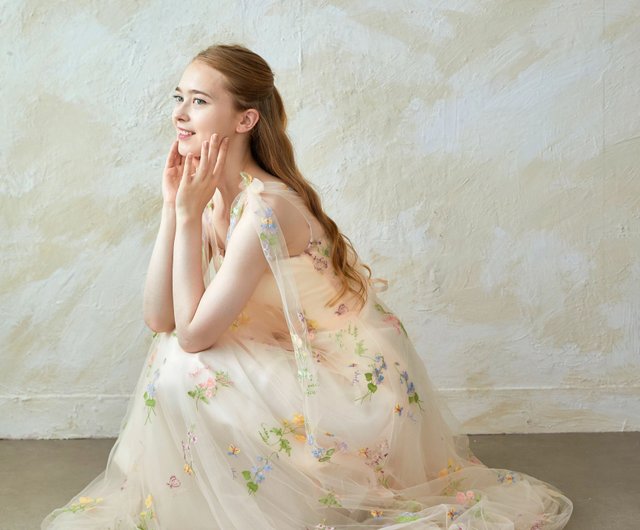 ダリアブラン限定の花柄刺繍チュールロングドレス - ショップ