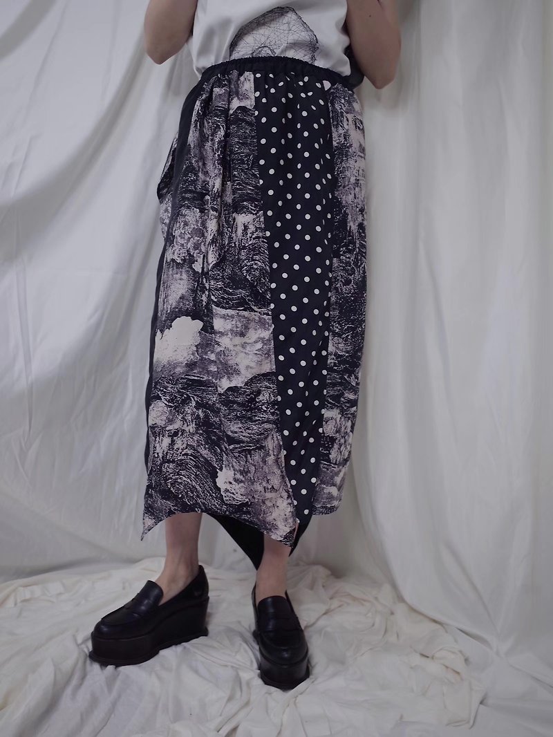 ドット切り替えスカート6002ハンドメイド　一点物オリジナルデザイン - 裙子/長裙 - 其他人造纖維 黑色
