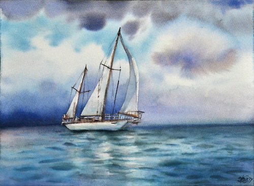WallArtHome Seaboat original watercolor painting by artist Irina Zhunaeva