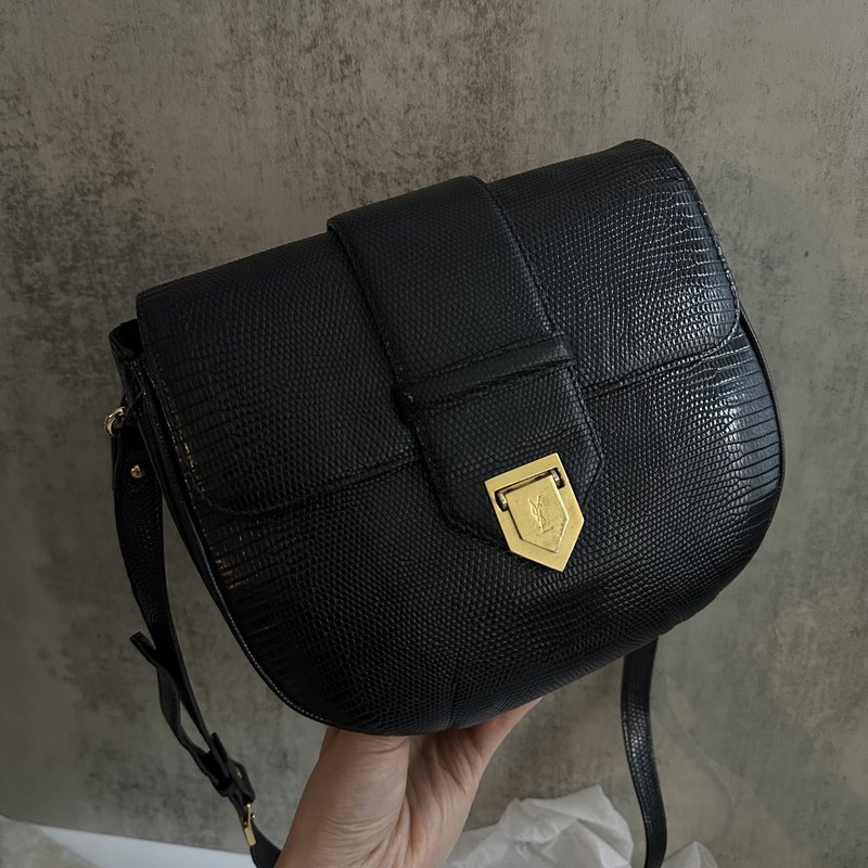 YVES SAINT LAURENT 聖羅蘭 蜥蜴紋壓紋 黑色 單肩包 - 側背包/斜背包 - 真皮 黑色