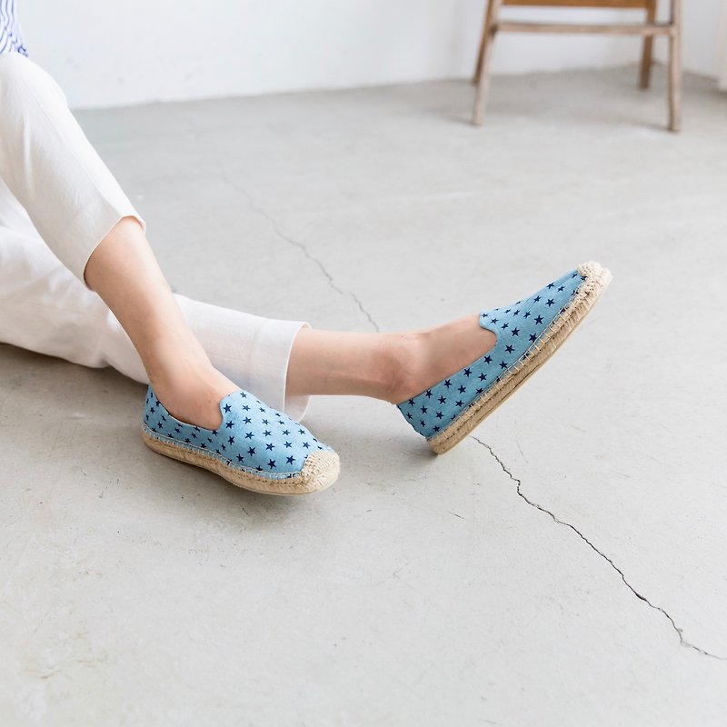 日本製の生地で手縫いの靴作り エスパドリーユ - スリッポン - コットン・麻 ブルー