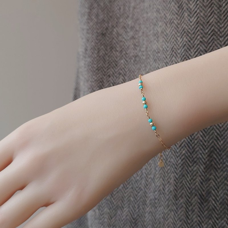 迷你天然頂級睡美人土耳其石 藍松石 14Kgf 包金 可調整手鍊 - 手鍊/手環 - 半寶石 藍色