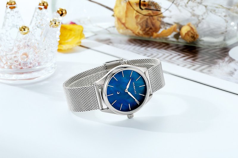 【MOONART】原創手錶 神話系列-致藍(經典)+ 珍珠貝藝術手錶 - 女錶 - 不鏽鋼 藍色