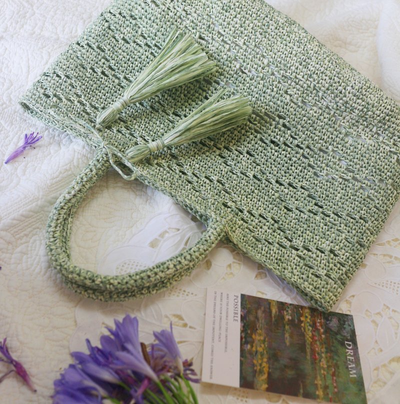 【限量現貨】Handmade手工編織/紙草繩編織手提包/購物袋/流蘇 - 手提包/手提袋 - 紙 綠色