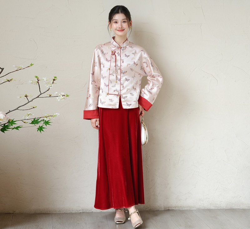 【淺盈粉】新中式復古中國風 高貴提花短外套/半裙 - 女大衣/外套 - 其他材質 多色