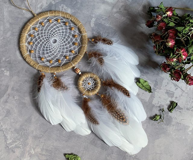 Handmade Dream Catcher with Natural Feathers - Bohemian Decor - 10 cm  diameter