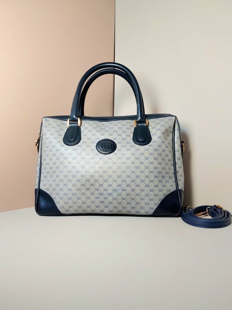 【LA LUNE】Second-hand Gucci blue presbyopic Boston bag cross-body shoulder shoulder leather handbag - Messenger Bags & Sling Bags - Genuine Leather Blue