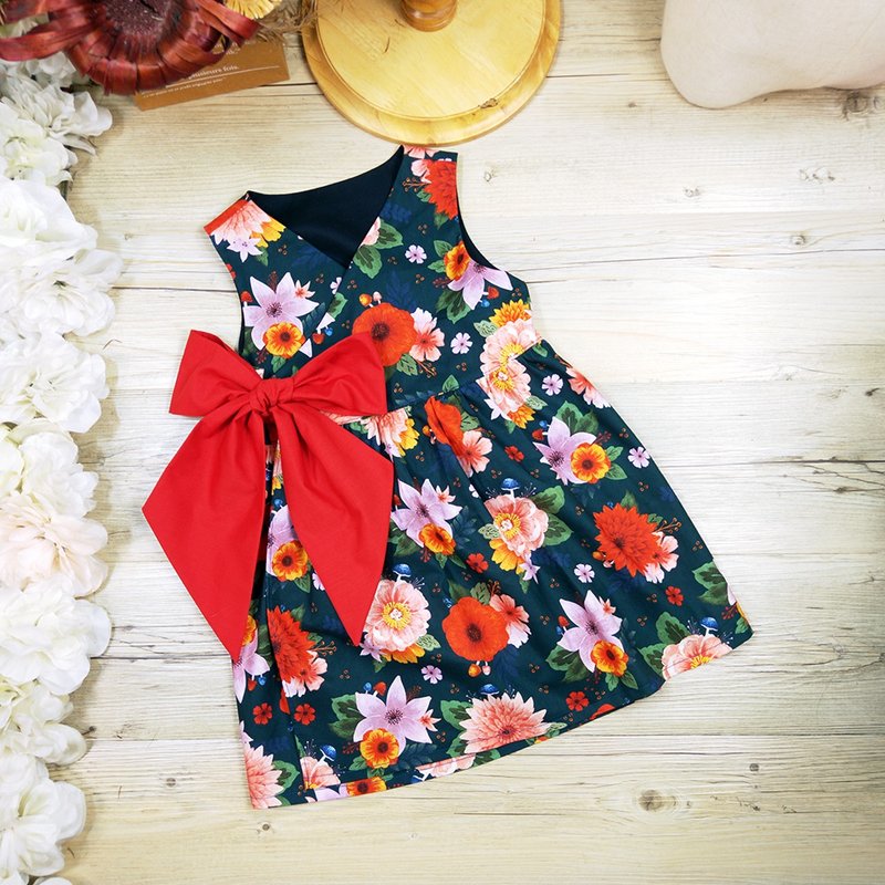 Retro big flower bow tie dress spot 100-1 pieces optional cloth custom - Kids' Dresses - Cotton & Hemp 