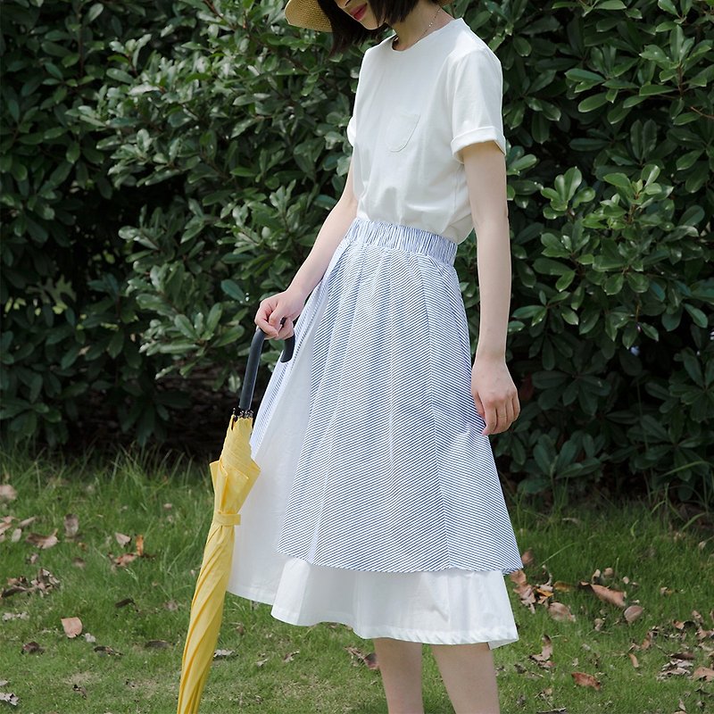 雙層藍白條紋半身裙|裙子|棉|獨立品牌|Sora-144 - 裙子/長裙 - 棉．麻 