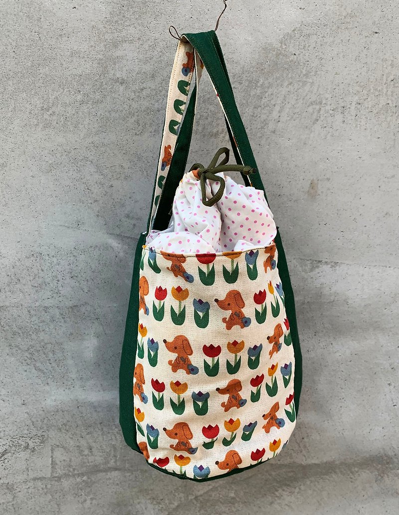 Tulip And Dog Japanese Cloth Bag Reversible Handmade Bucket Bag Side Backpack - Messenger Bags & Sling Bags - Cotton & Hemp 