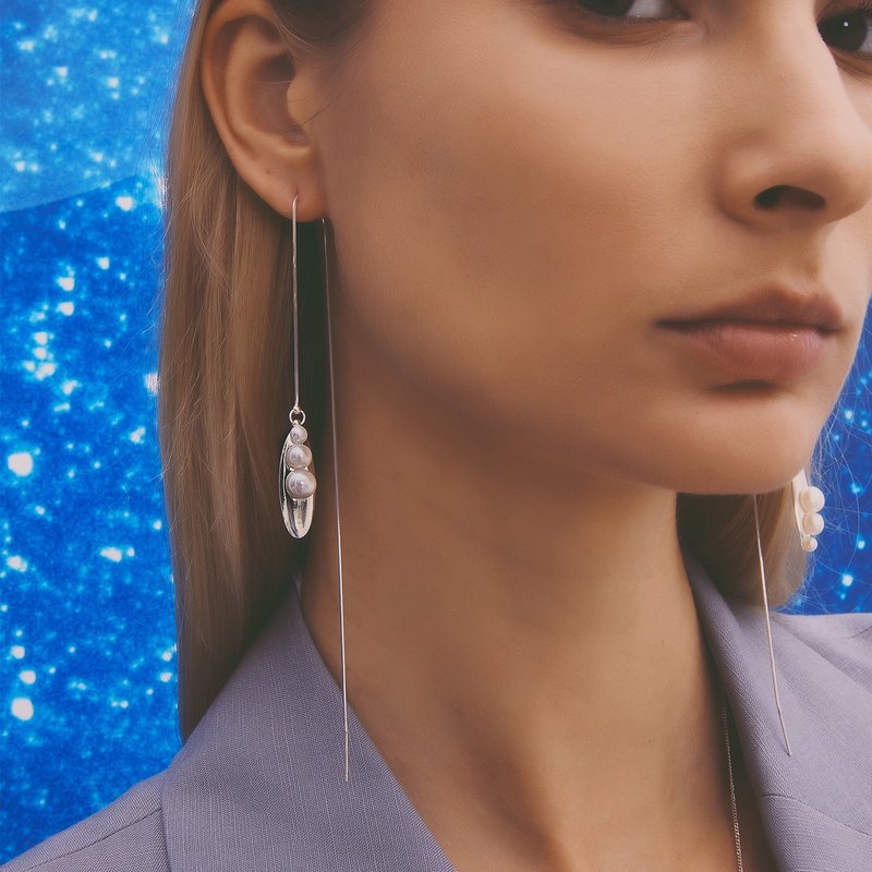 Multiverse - Time Travel Pearl Threader Earrings (Silver) - Earrings & Clip-ons - Sterling Silver Silver