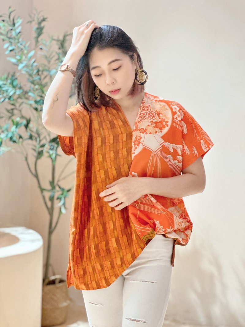 Unique hem asymmetric Japanese traditional silk orange splicing splicing square clothes square clothes - เสื้อผู้หญิง - ผ้าฝ้าย/ผ้าลินิน สีส้ม