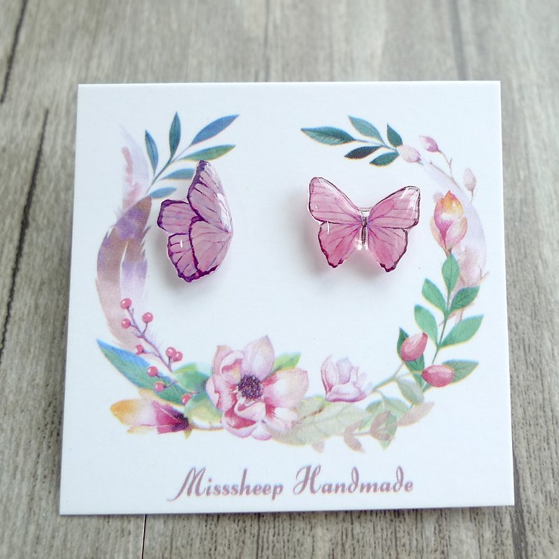 Misssheep-U38-Butterfly Watercolor Hand Painted Style Butterfly Asymmetric Handmade Earrings (Auricular) (pair) - Earrings & Clip-ons - Plastic 