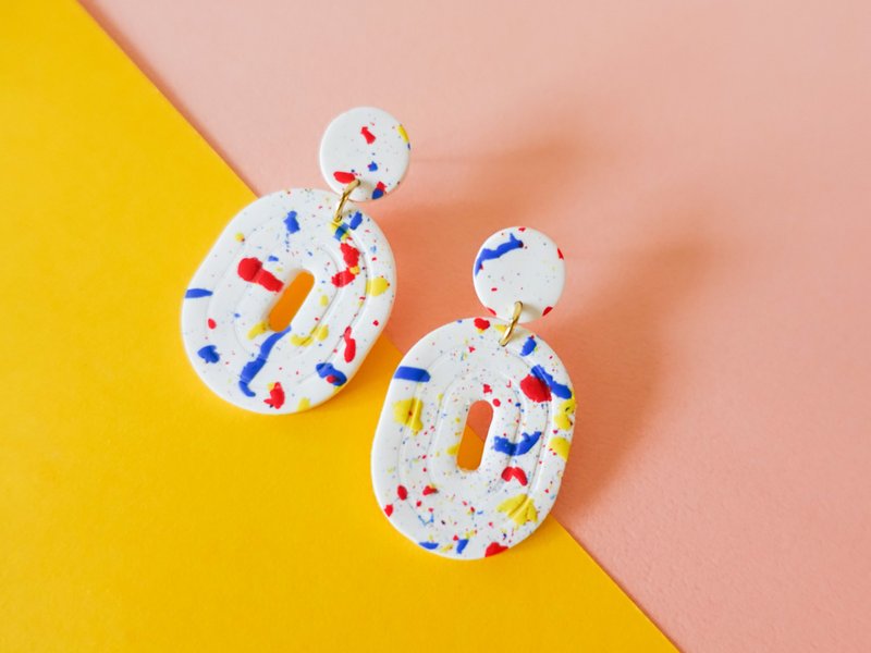 頑系列- 顏料潑灑 手工軟陶耳環/改夾 polymerclay earring - 耳環/耳夾/耳骨夾 - 陶 多色