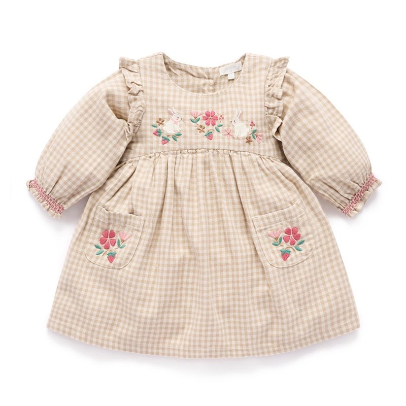 澳洲Purebaby有機棉女童長袖洋裝/童裝裙 12M-5T 杏色格子 - 女童洋裝/裙子 - 棉．麻 