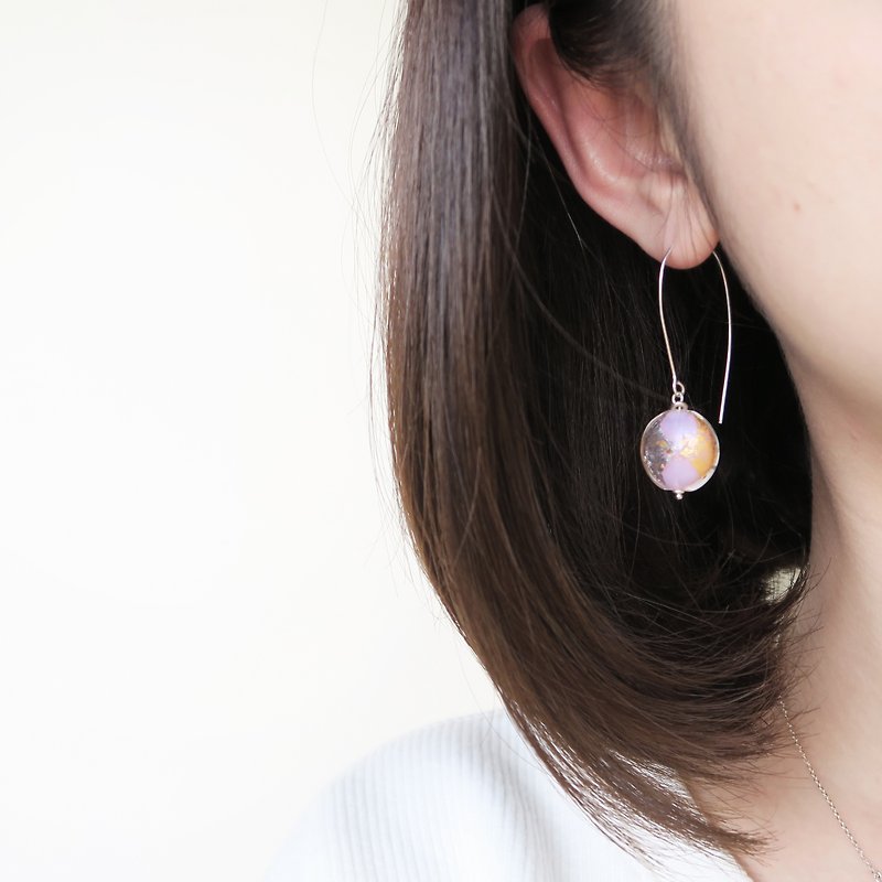 925 Silver pink Gold and Silver Foil-coated Colored Glass Earrings - ต่างหู - โลหะ สึชมพู