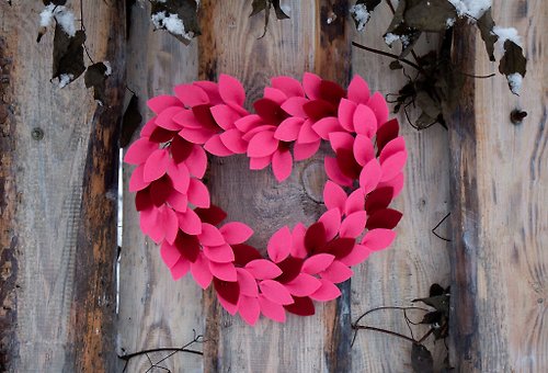 Felt Garden Pink with Red Wreath of Felt Leaves in the Shape of a Heart