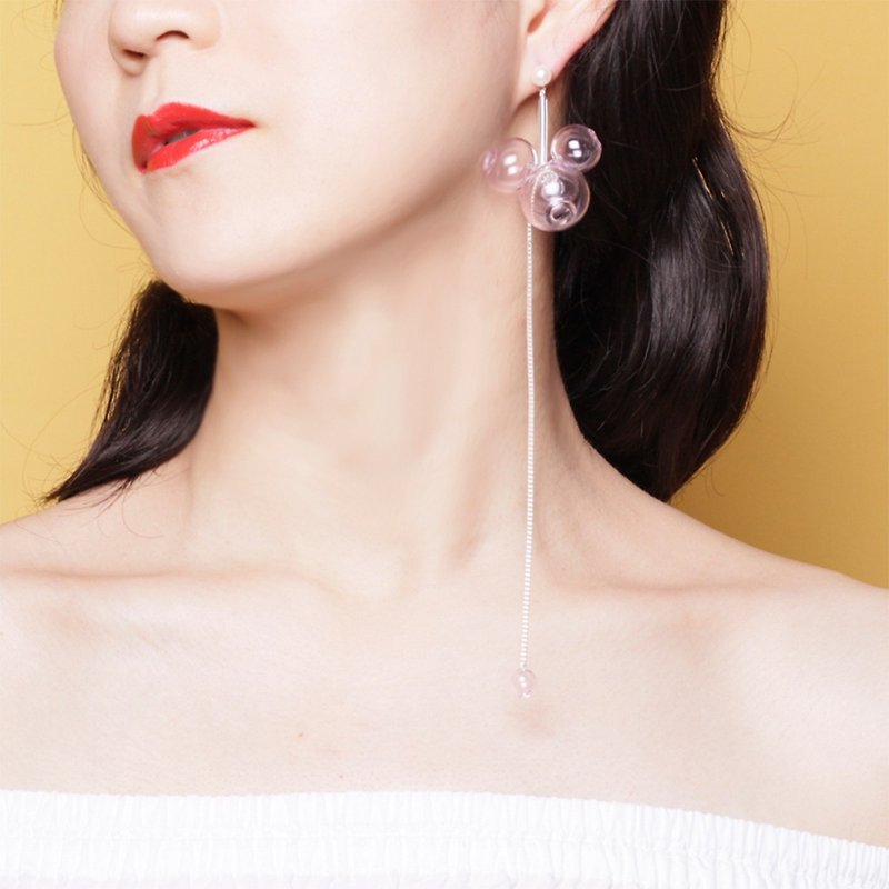 YUNSUO-original design-Bubble pink glass long gold earrings (single) - Earrings & Clip-ons - Glass Pink