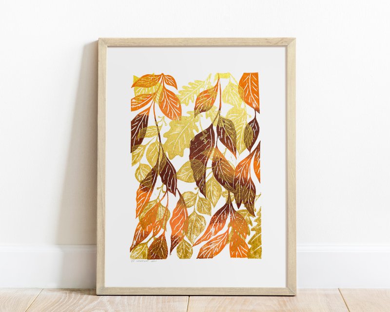 Botanical linocut print Autumn wall art Gold orange brown fall leaves artwork - 海報/掛畫/掛布 - 紙 橘色