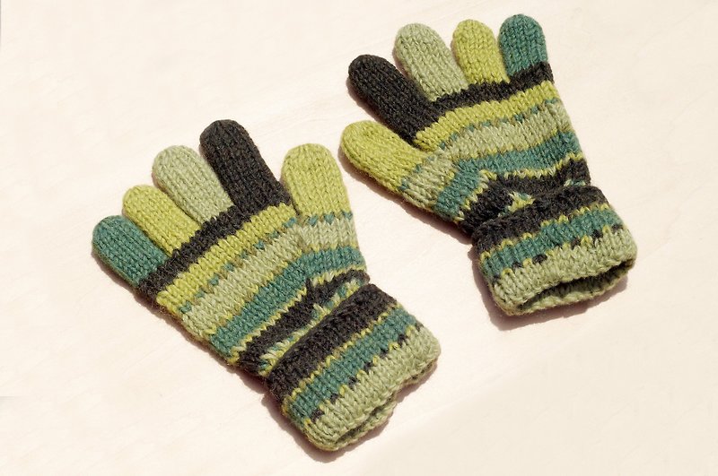 聖誕節禮物 手工限量針織純羊毛保暖手套 / 針織手套 / 全指手套- 東歐草地綠條紋 - 手套/手襪 - 羊毛 綠色