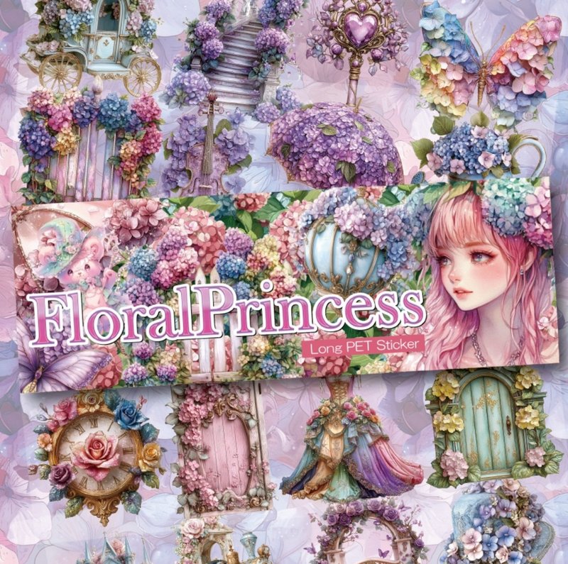 Floral Princess Long PETステッカー 薔薇と紫陽花の幻想曲 - 紙膠帶/和紙/PET - 防水材質 藍色
