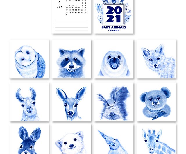 好奇心旺盛な赤ちゃん 21年 水彩 手描き 動物 カレンダー カード クリスマス ギフト ショップ Igrean カレンダー Pinkoi