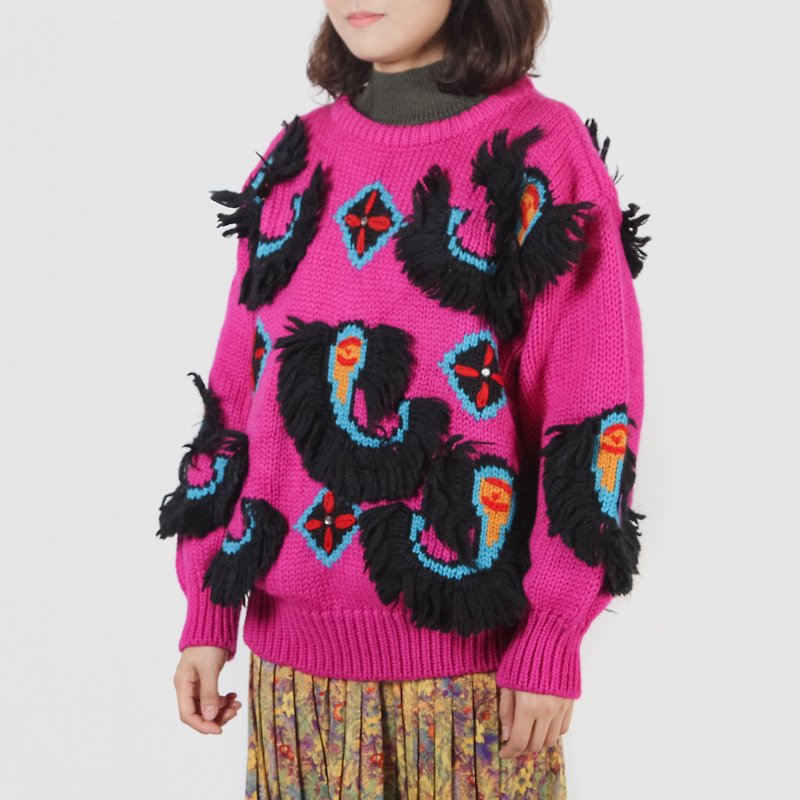 [Egg Plant Vintage] Eyelash Bend Totem Tassel Vintage Sweater - Women's Sweaters - Wool Multicolor