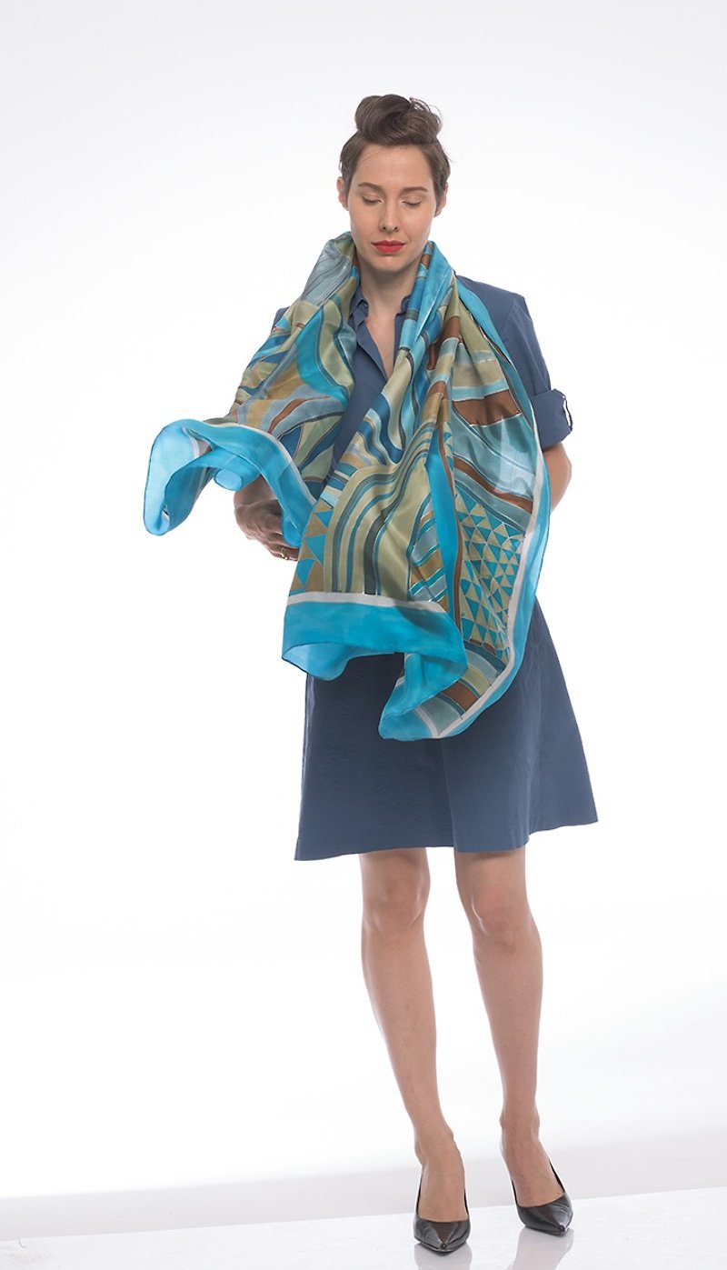 Silk shawl.Striped silk scarf hand painted. Designer Scarves/ Luxury shawl. Geometric Blue brown silk shawl - ผ้าพันคอ - ผ้าไหม หลากหลายสี