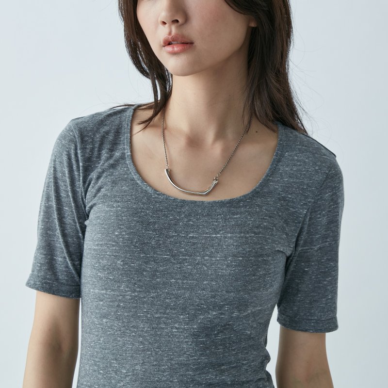 U-neck half-sleeve knitted top - gray - Women's T-Shirts - Cotton & Hemp Gray