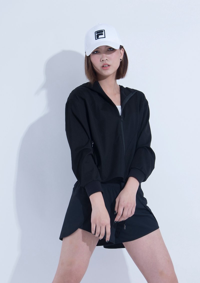 Aine ann / casual V-cut hooded jacket - black - เสื้อแจ็คเก็ต - เส้นใยสังเคราะห์ สีดำ