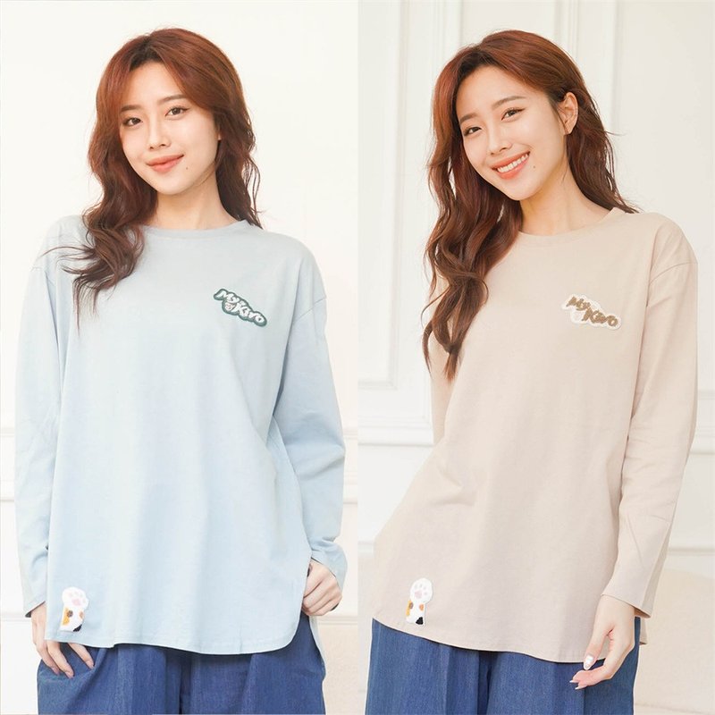 Kiro cat original paw embroidered towel is a must-have classic round neck/versatile [90032] - Women's Tops - Cotton & Hemp Khaki