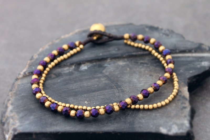 Deep Purple Crystal Faceted Brass Double Strand Bracelet Czech Beads - สร้อยข้อมือ - ผ้าฝ้าย/ผ้าลินิน สีม่วง