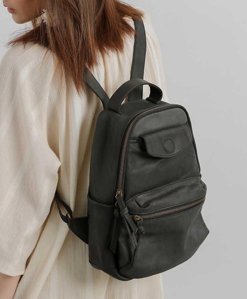 Retro Pocket Leather Backpack Black - Backpacks - Genuine Leather Gray