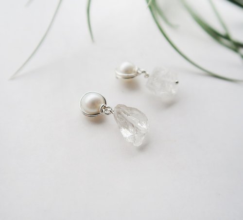 COOL & HOT 925純銀 淡水珍珠 白水晶 原礦 耳環或耳夾 一對